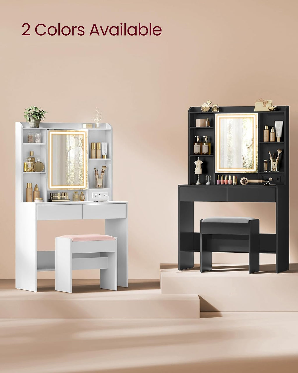 VASAGLE 35.4-Inch Vanity Desk with Mirror and Lights, 2 Drawers | Modern Vanity Table Set with Stool, Power Outlets, Jewelry Storage, 6 Compartments, Cloud White, KAILYN Collection URDT031W01