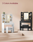 VASAGLE 35.4-Inch Vanity Desk with Mirror and Lights, 2 Drawers | Modern Vanity Table Set with Stool, Power Outlets, Jewelry Storage, 6 Compartments, Cloud White, KAILYN Collection URDT031W01