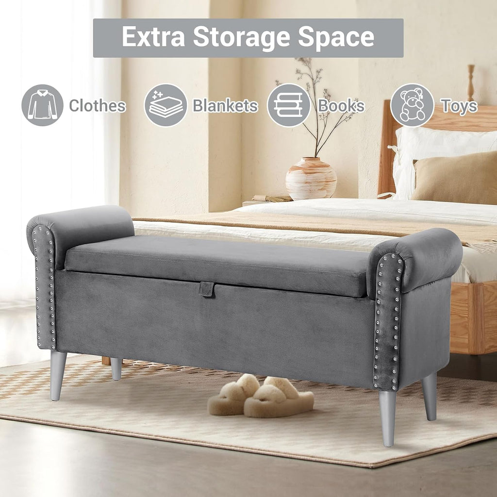 Storage Bench for Bedroom- Grey Velvet Bench with Storage 47" | Featuring Rolled Arms Decorative Nailhead Trim Safety Hinge Large Storage Space for Living Room, Entryway Pet Friendly