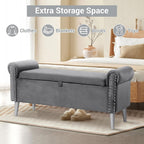Storage Bench for Bedroom- Grey Velvet Bench with Storage 47" | Featuring Rolled Arms Decorative Nailhead Trim Safety Hinge Large Storage Space for Living Room, Entryway Pet Friendly