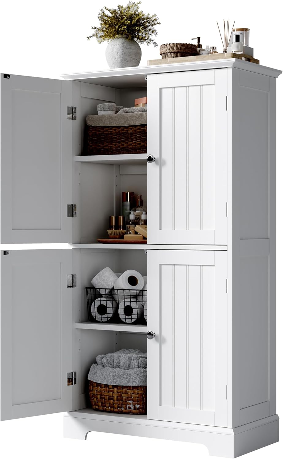 ChooChoo Bathroom Floor Cabinet, Modern Bathroom Storage Cabinet with 4 Doors and Adjustable Shelves, Freestanding Cupboard for Living Room, White | Bathroom Storage Cabinet, 4 Doors, Freestanding Cupboard for Living Room, White