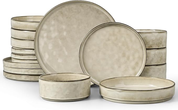 LIANYU Dinnerware with Pasta Bowls Set for 4, 16 Piece Stoneware Dish Ding Ware, Dinner Tableware Sets Includes Dinner Salad Plates, Cereal Salad Bowls, Chip & Scratch Resistant, Sandy Beige