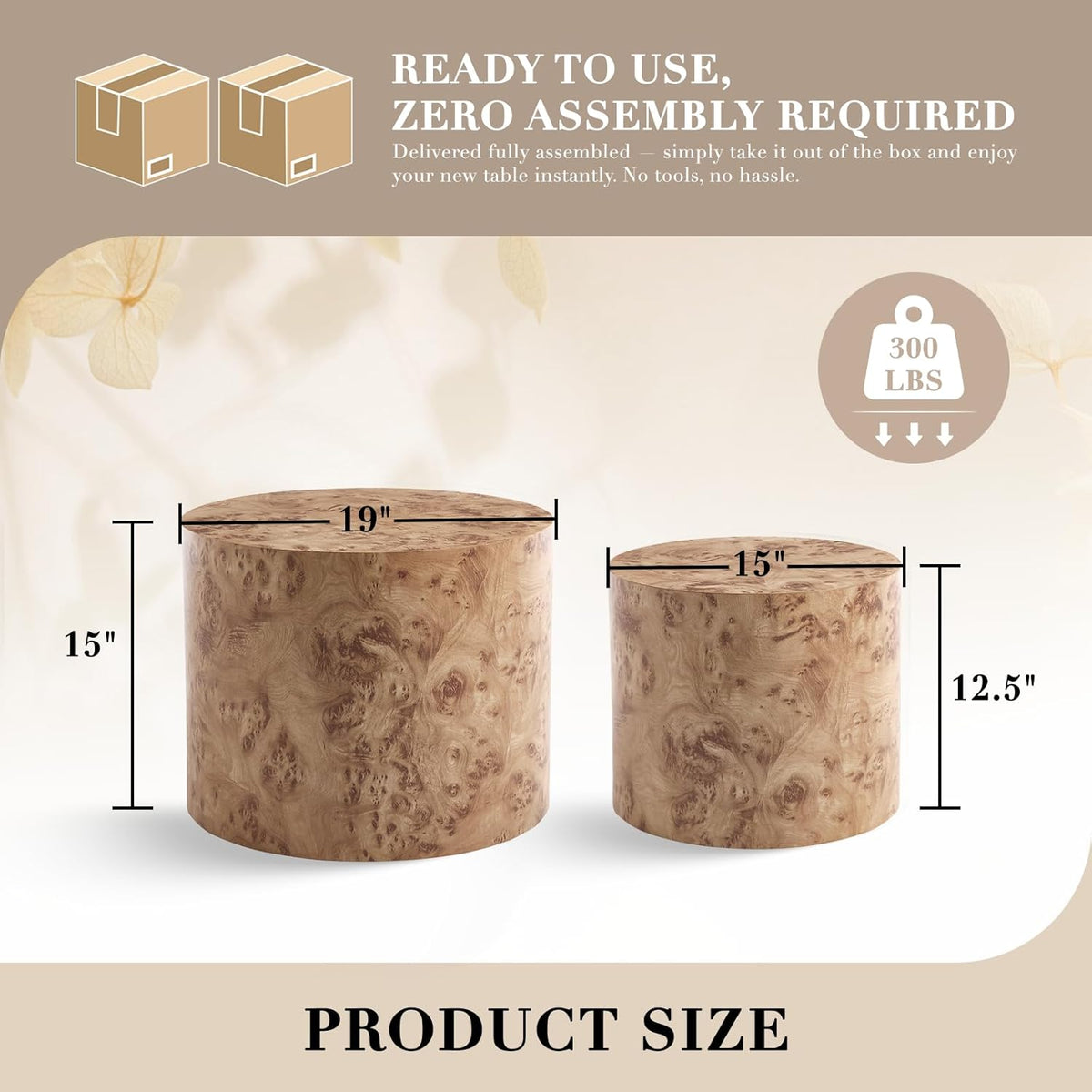 CIMOTA Round Wood Nesting Coffee Table Set of 2, Modern Circle Travertine End Side Table Sets for Living Room, Natural Burl Color/No Assembling