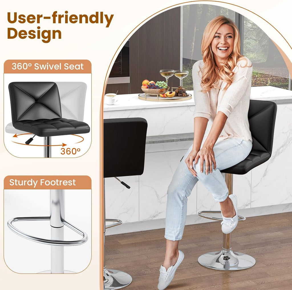COSTWAY 3 Pieces Bar Table Set, Counter Height Table Set with 2 Bar Stools | Round Cocktail Table and PU Leather Adjustable Swivel Chairs, for Small Space, Kitchen, Office (Black+Black)