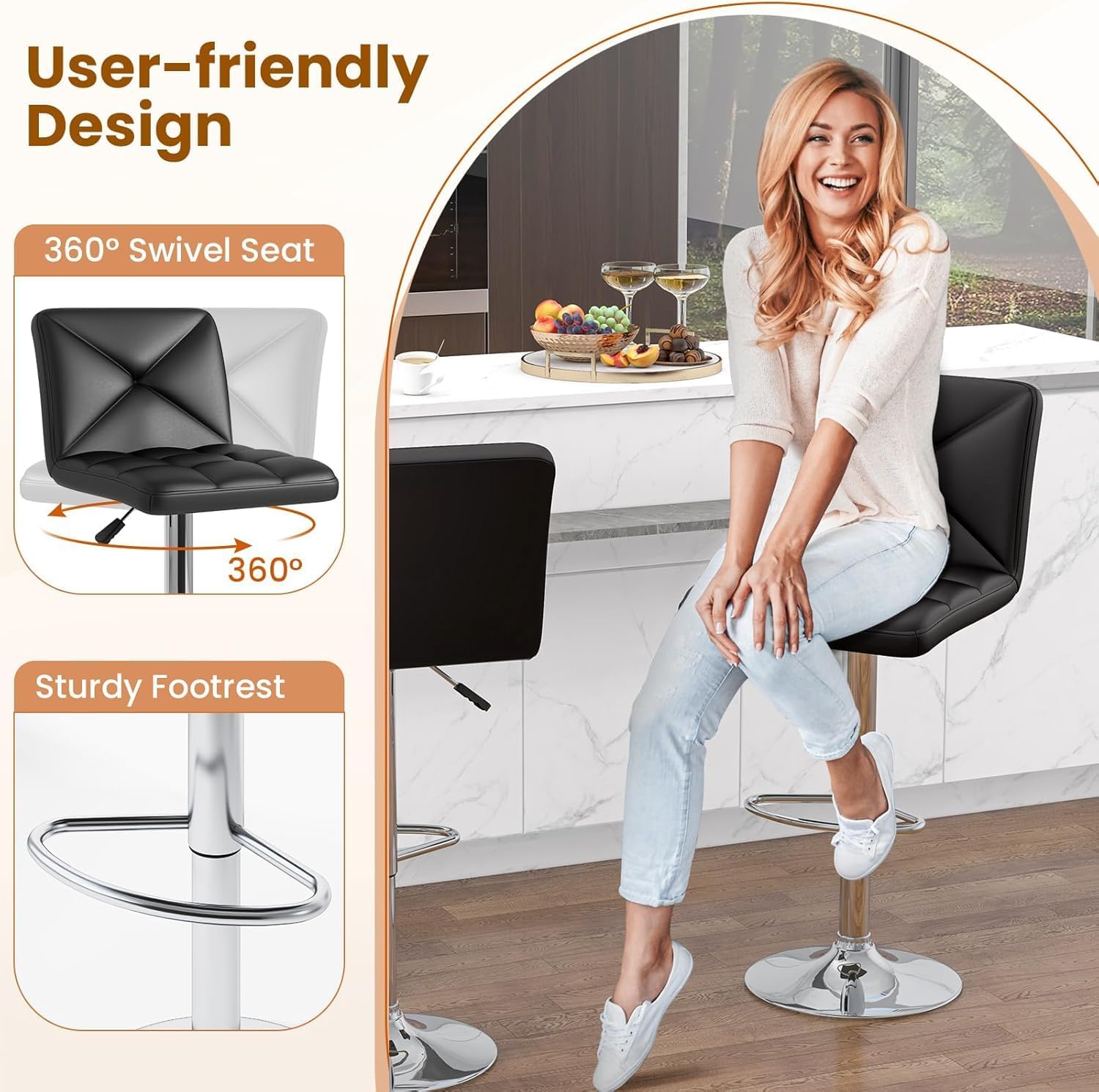 COSTWAY 3 Pieces Bar Table Set, Counter Height Table Set with 2 Bar Stools | Round Cocktail Table and PU Leather Adjustable Swivel Chairs, for Small Space, Kitchen, Office (Black+Black)