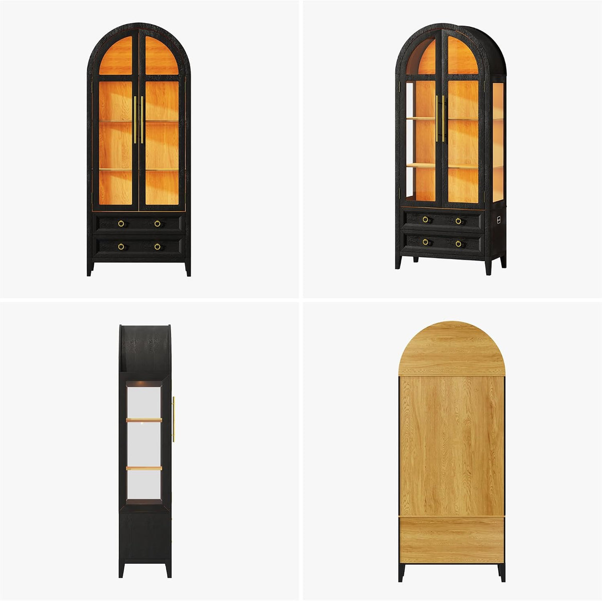 Vlsrka 71" Arched Curio Cabinet with Glass Doors, 4-Shelves Display Cabinet and 2 Drawers, Display Case with 3 Color Lights, Tall Bookcase, Kitchen Pantry, Black+Wood