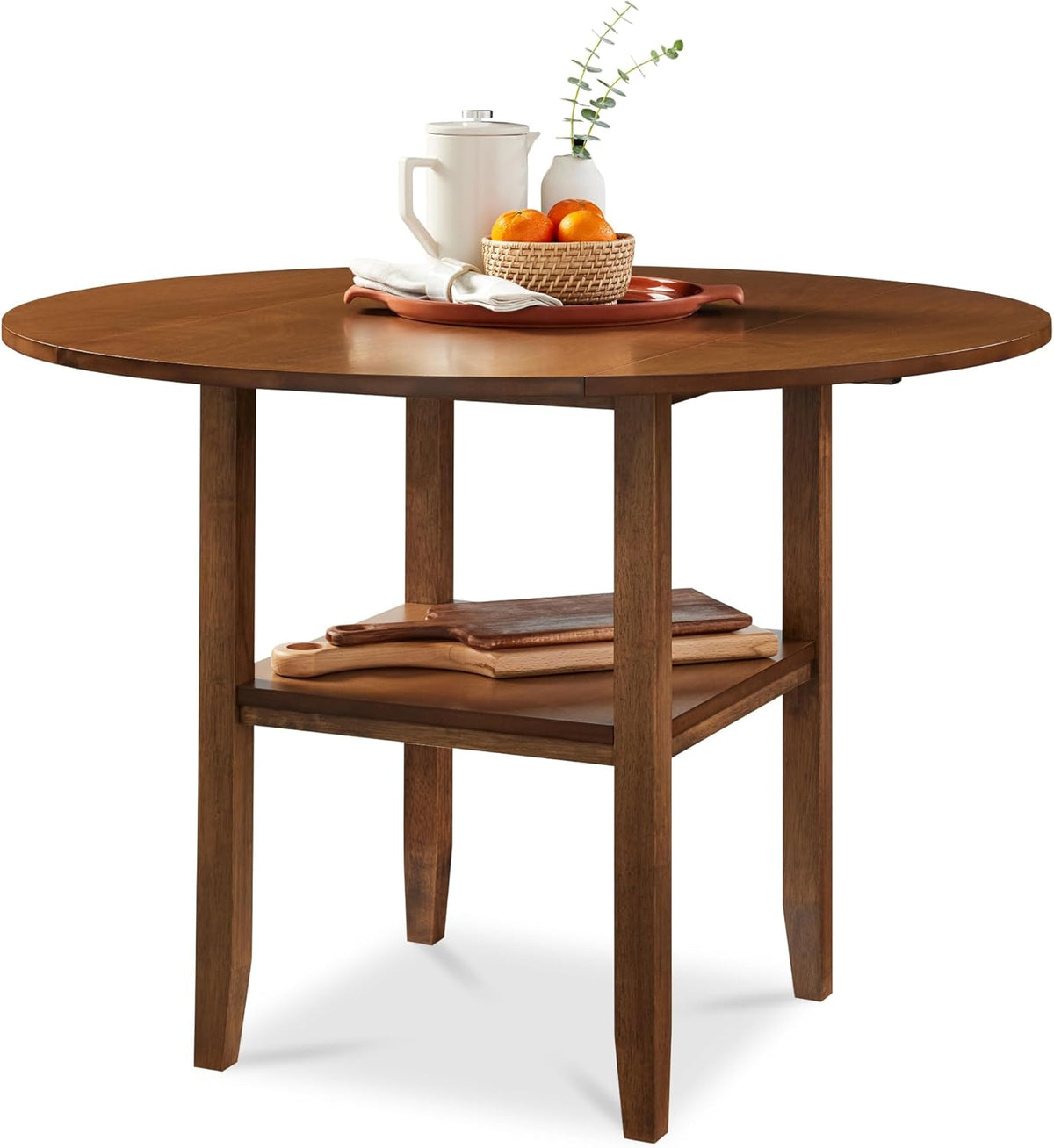 Best Choice Products 42" Round Drop Leaf Dining Table for 4, Solid Wood Expandable Small Dining Table W/Storage Shelf, Space Saving Kitchen Table for Kitchen, Dining Room, & Small Spaces - Chestnut