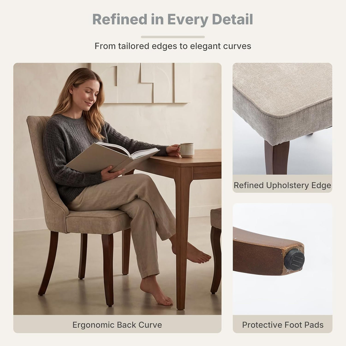 Upholstered Dining Chairs Set of 6, High Back Side Chairs for Kitchen and Dining Room, Mid-Century Modern Fabric Seating with Solid Wood Legs, Beige