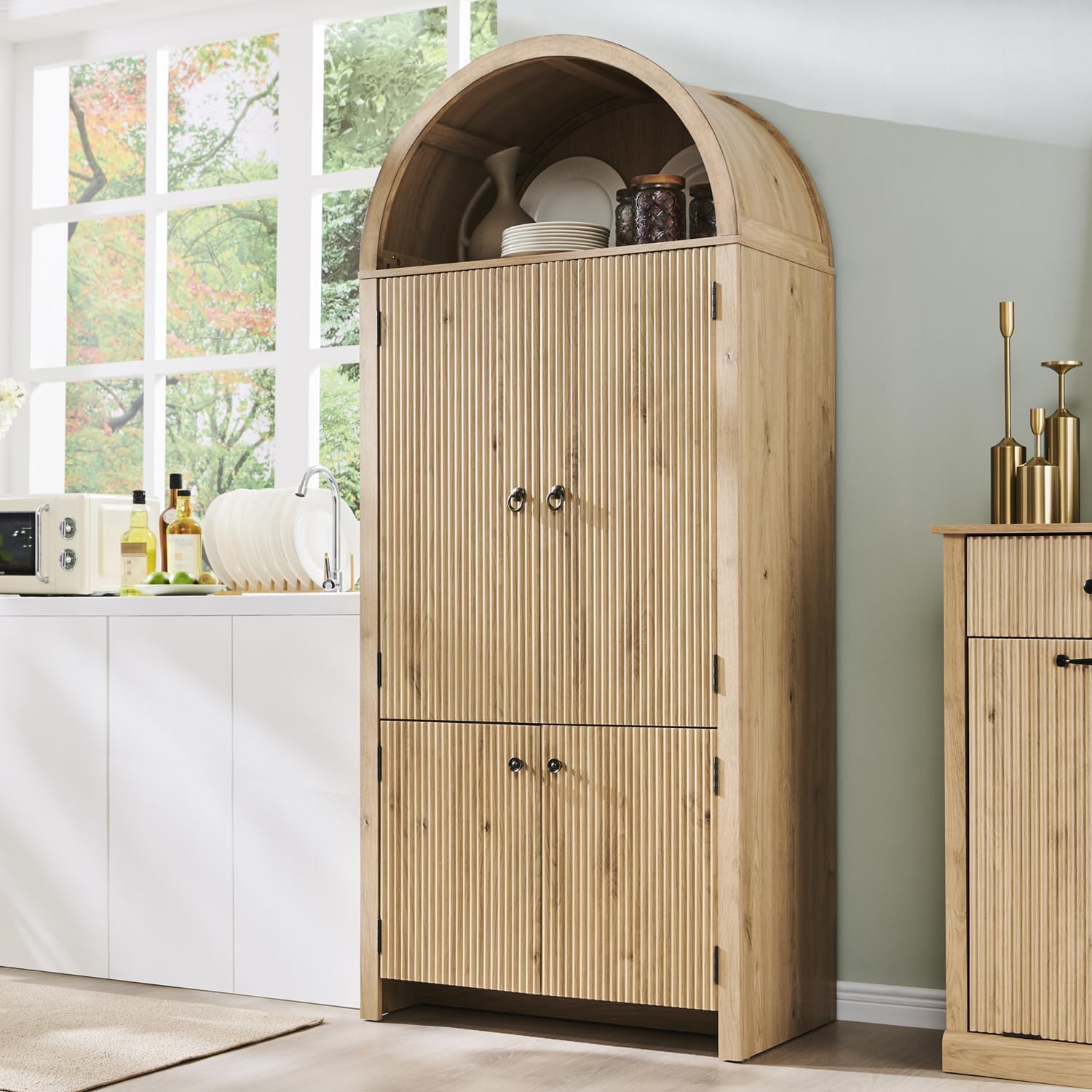 IFGET 71" Tall Arched Kitchen Pantry, Modern Fluted Storage Cabinet,Natural | Wooden Pantry Cabinet with Doors, 3 Adjustable Shelves, 6 Door Shelves, Organizer, Versatile Cupboard for Kitchen, Bathroom