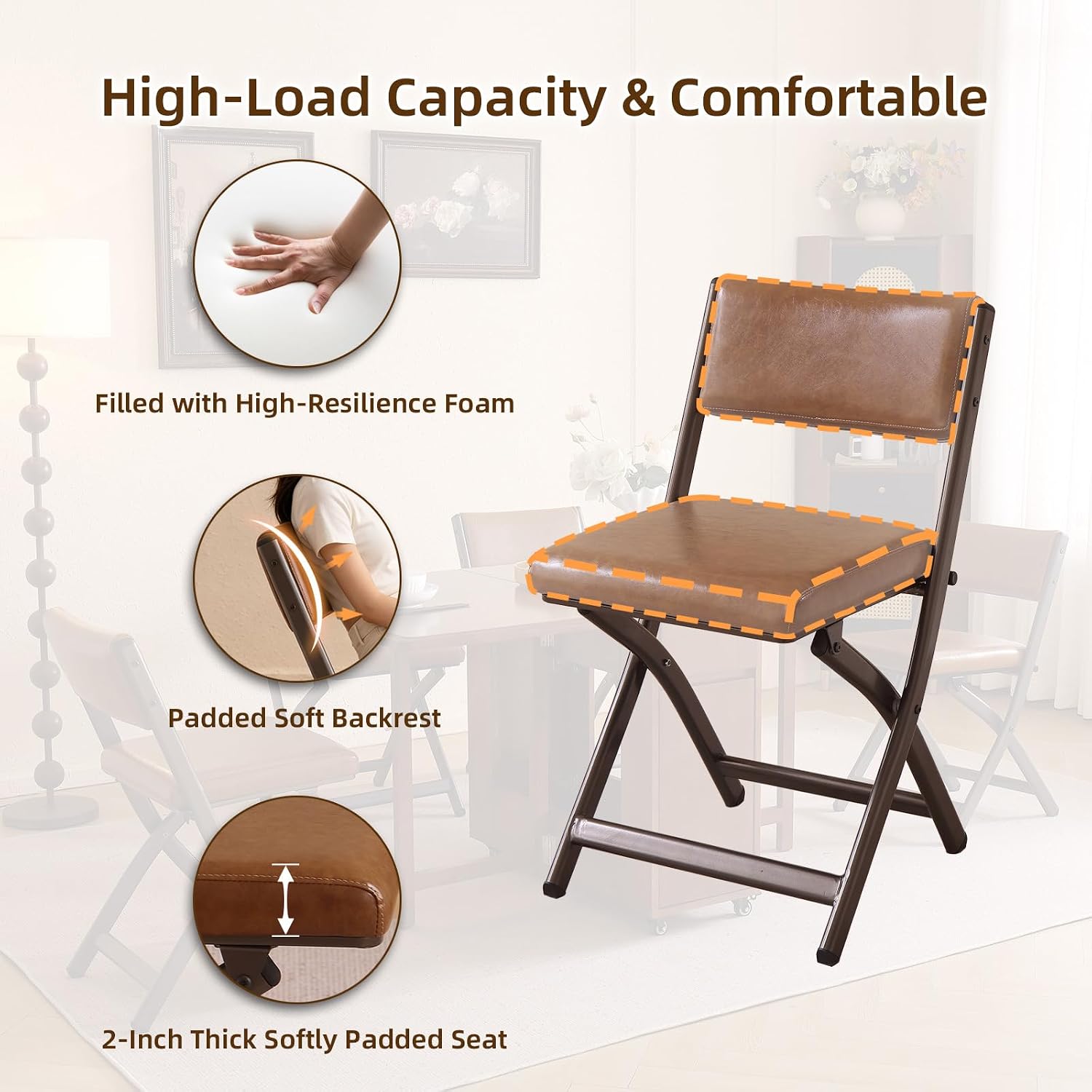 Folding Chairs with Cushion 2 Pack, High-Resilience Foam, Yellowish-brown | 450LBS Capacity, 2-Inch Thick Cushion, 4.7" Folded, Foldable Dining Chairs for Kitchen Dining Room Wedding Office Party