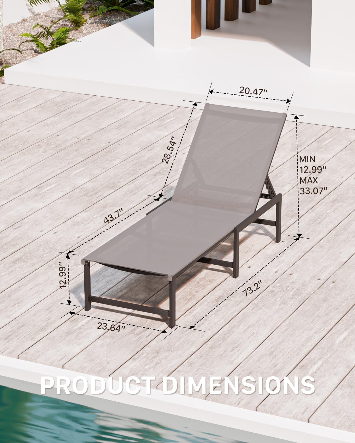 Aluminum Patio Chaise Lounge Chair Outdoor, Grey | Textilene Fabric,Weather-Resistant,Breathable,5-Position Recliner,400 lb Weight Capacity,Backyard Poolside Patio Deck