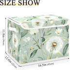 Collapsible Storage Bins with Lids Decorative Fabric Storage Cubes Closet Organizer Basket Boxes Containers for Clothes Box Chest Folding Rectangle Spring Sage Green Dandelions Daisy Flower