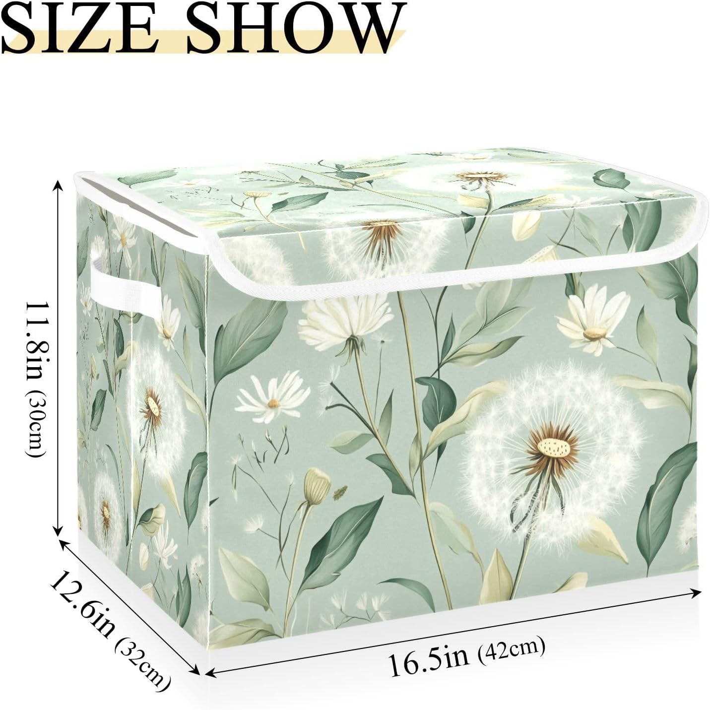 Collapsible Storage Bins with Lids Decorative Fabric Storage Cubes Closet Organizer Basket Boxes Containers for Clothes Box Chest Folding Rectangle Spring Sage Green Dandelions Daisy Flower