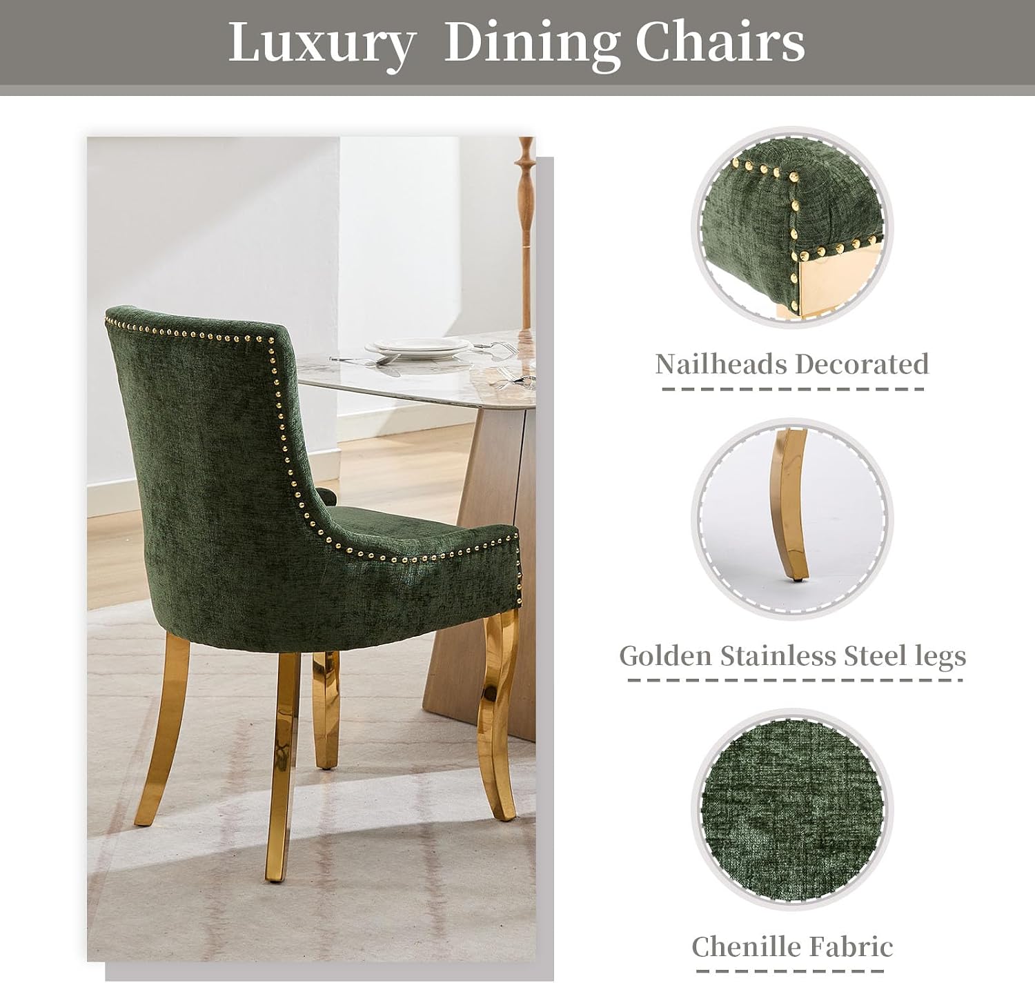 Upholstered Dining Chairs Set of 4, Chenille Fabric Dining Room Chairs with with Gold Stainless Steel Legs, Nailhead Trim, Modern Farmhouse Accent Chairs for Dining Room or Kitchen, Olive Green