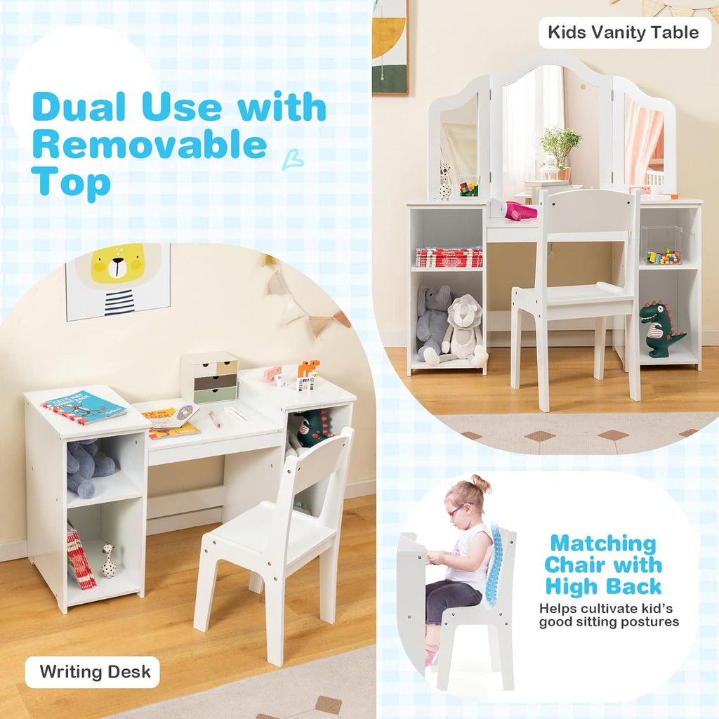 HONEY JOY Kids Vanity, Little Girls Vanity Set with Mirror and Stool, Storage Shelves, Wooden Princess Makeup Dressing Table, Toddler Vanity, Pretend Play Kids Vanity Table and Chair Set (White)