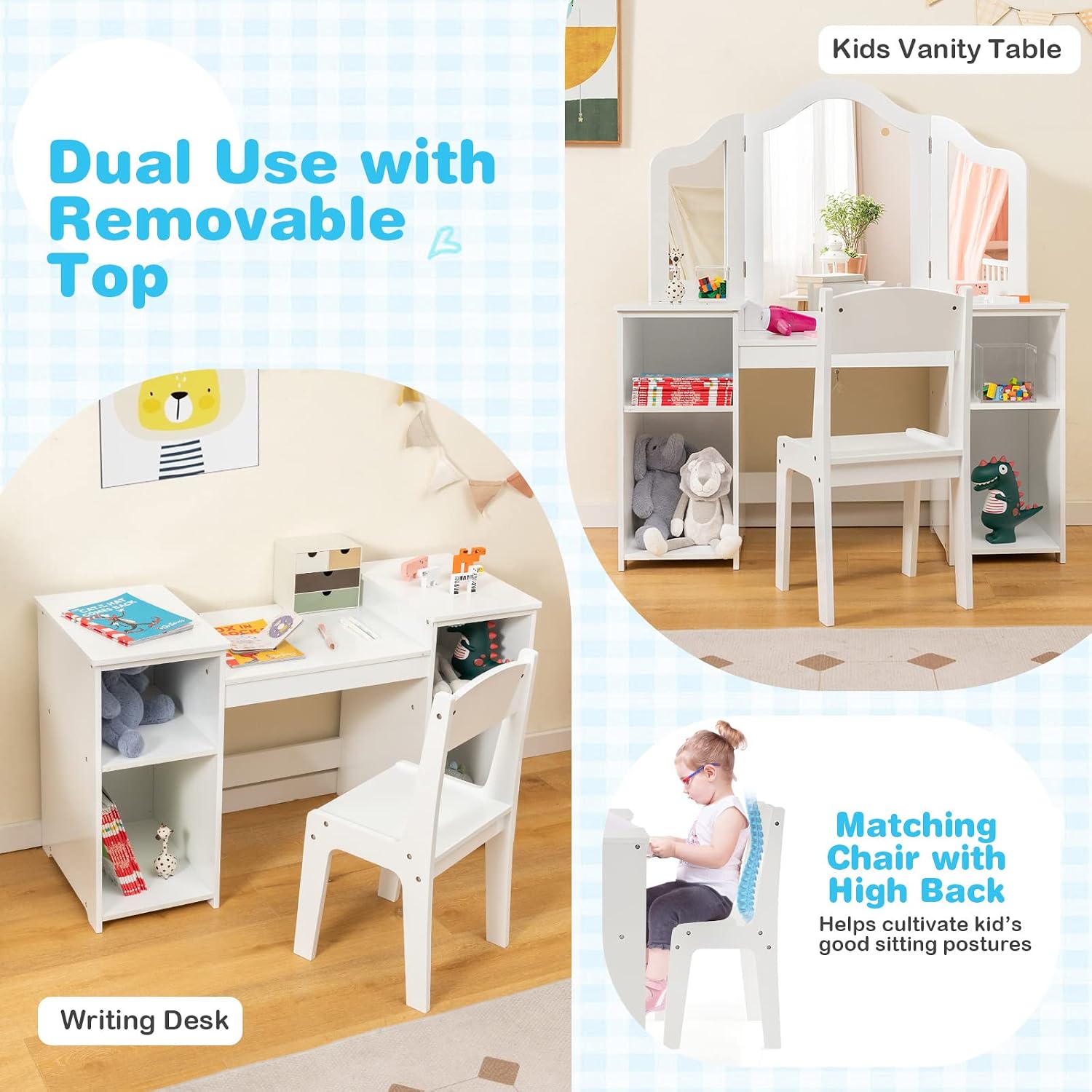 HONEY JOY Kids Vanity, Little Girls Vanity Set with Mirror and Stool, Storage Shelves, Wooden Princess Makeup Dressing Table, Toddler Vanity, Pretend Play Kids Vanity Table and Chair Set (White)