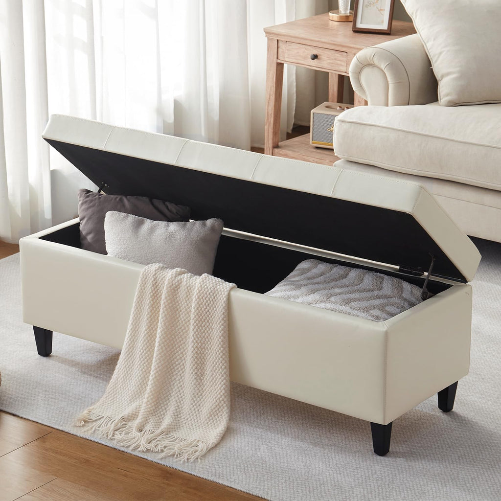 50.5 Inch Storage Ottoman Bench, Faux Leather Tufted Upholstered Bedroom Bench with Safety Hinges, Supports 300 lbs, Large Storage Bench for Living Room, Entryway (Cream)