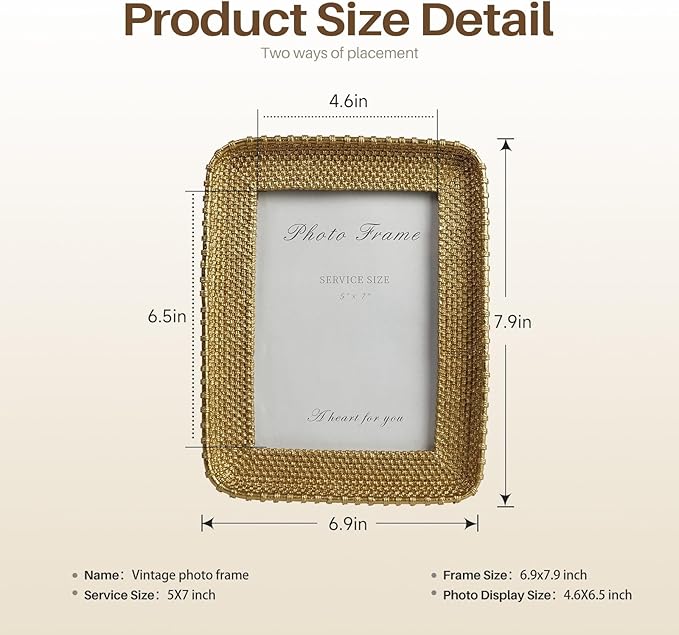 Cuspin Vintage Gold 5x7 Picture Frame, Gold Metal Rattan Textured Hand-Crafted Photo Frame with Glass Front Antique Picture Frame for Tabletop Display & Wall Display, Retro Design Home Decor