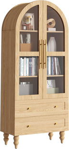 Vongrasig 71" Tall Arched Kitchen Pantry Storage Cabinet with Glass Doors, 2 Large Drawers, 6-Tier Tall Rustic Wood Cupboard Locker for Kitchen, Dining Room, Living Room, Bathroom,Natural