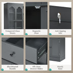 Freestanding Kitchen Pantry Cabinet with Drawers, Shelves, Gray | Freestanding tall buffet with 4 drawers, door shelves, pull-out trays, 47.2x15.7x75 inches, gray finish, for dining room