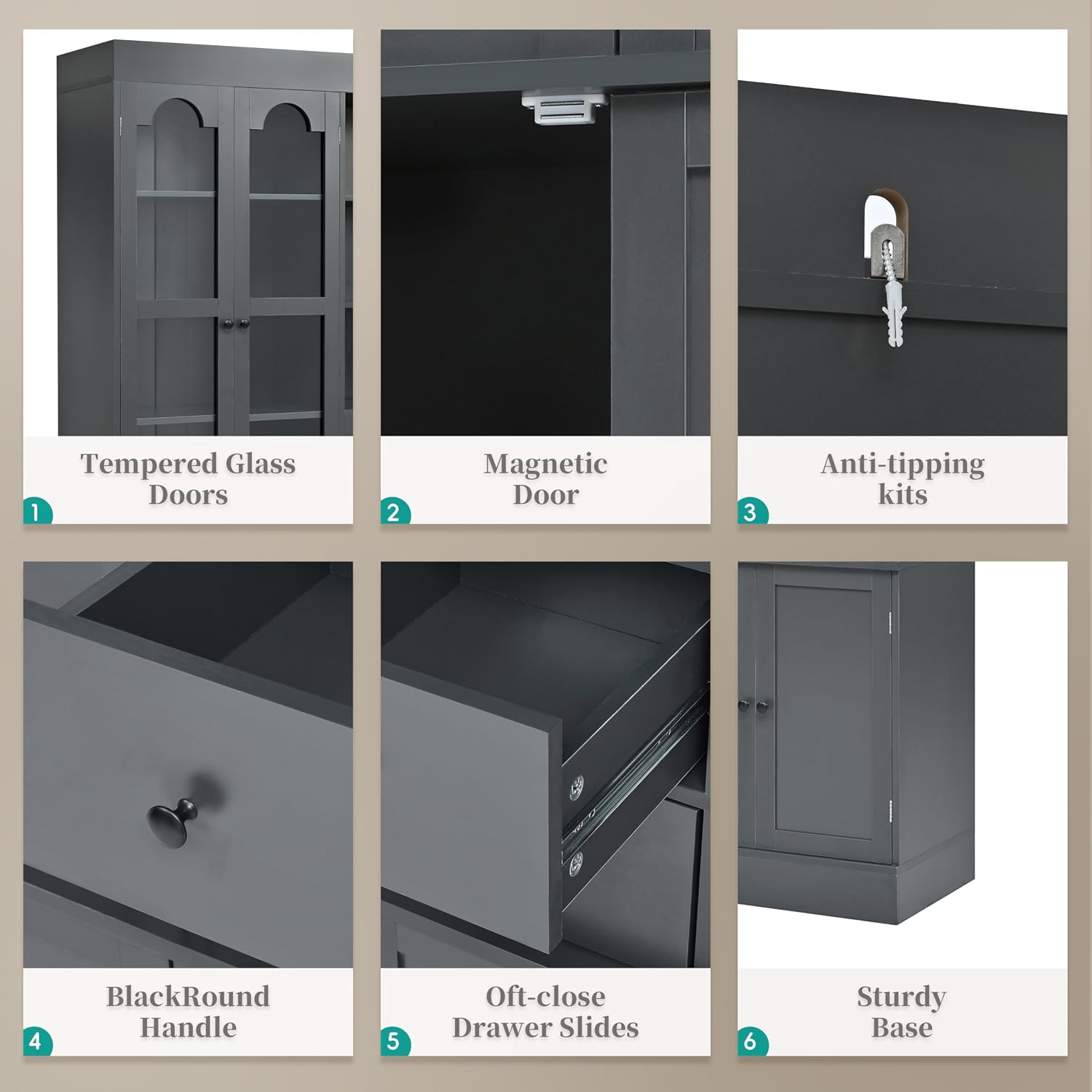 Freestanding Kitchen Pantry Cabinet with Drawers, Shelves, Gray | Freestanding tall buffet with 4 drawers, door shelves, pull-out trays, 47.2x15.7x75 inches, gray finish, for dining room