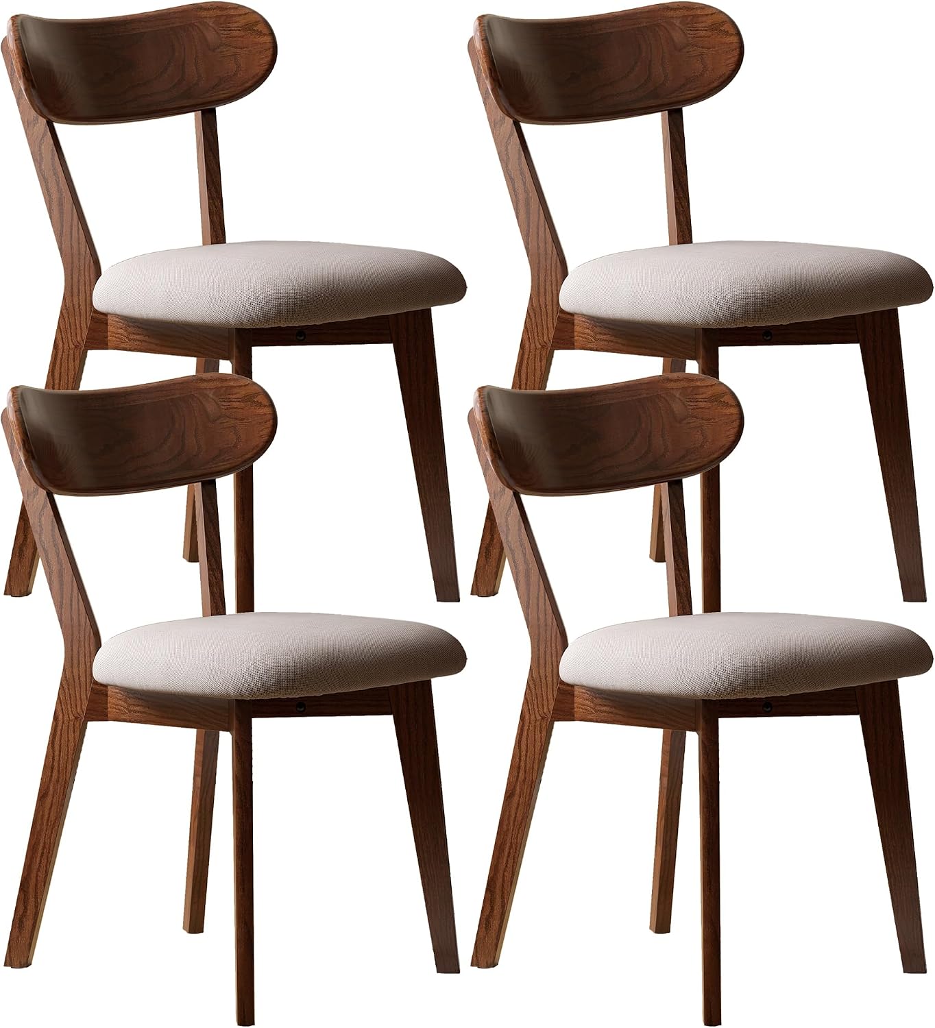 Modern Solid Wood Dining Chair Set of 4, Kitchen Dining Room Chair with Upholstered Cushion and Seat Cover, Curved Backrest, 100% FAS Grade North America Oak Wood, Walnut