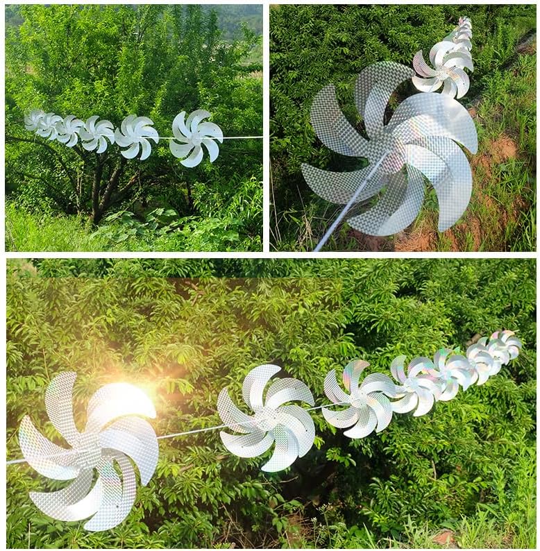 10 Meters of 8 Pieces Reflective Pinwheels Strings, Sparkly Hanging Scare Bird Deterrent Windmills, Outside Bird Repellent Wind Spinners Deterrent Birds Away from Yard Garden Patio Farm