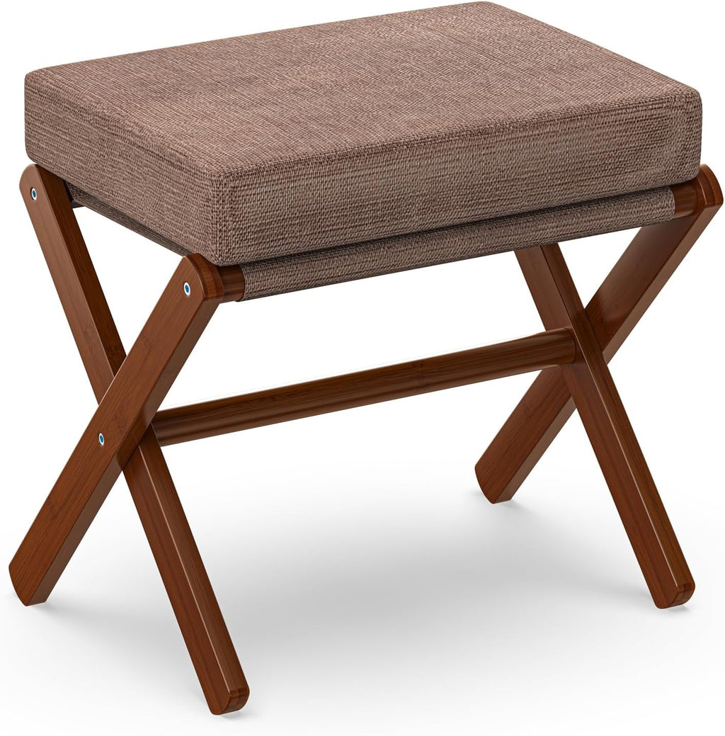 BAMBOOHOMIE Foldable Foot Stool Ottoman, Modern Foot Rest with Bamboo X Legs & Thick Foam Cushion, Folding Foot Stools Small Padded for Bedroom Living Room, Footstool for Chair Couch (Brown - Brown)