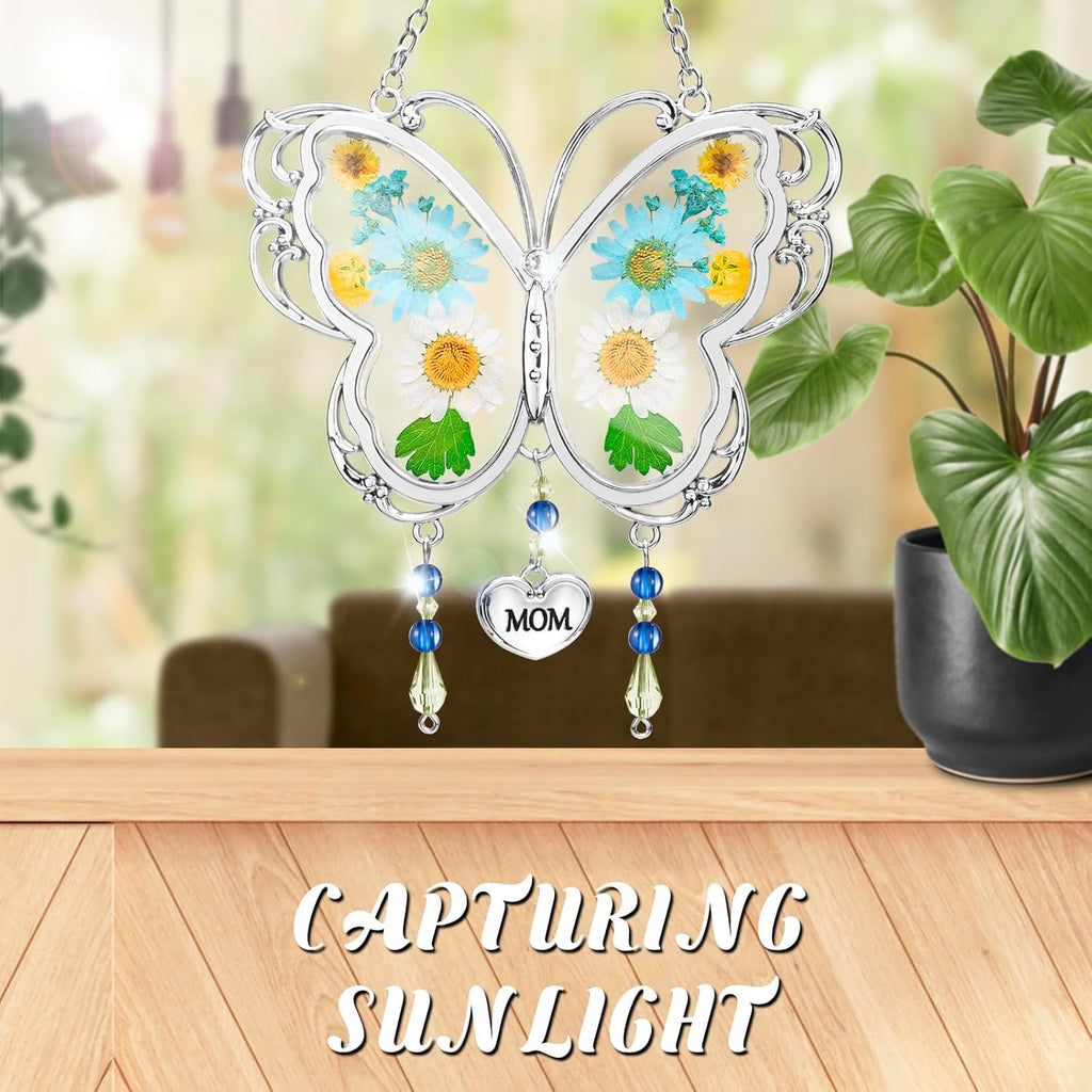 LARAINE Butterfly Suncatcher with Pressed Flower Wings Mom Mother's Day Butterfly Glass Wind Chime Ornament Charm with Metal Heart Gifts for Mom Grandma Aunt Birthday (Grandma, Blue)