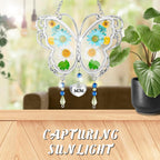 LARAINE Butterfly Suncatcher with Pressed Flower Wings Mother's Day Butterfly Glass Wind Chime Ornament Charm with Metal Heart Gifts for Grandma Aunt Birthday (Mom, Blue)