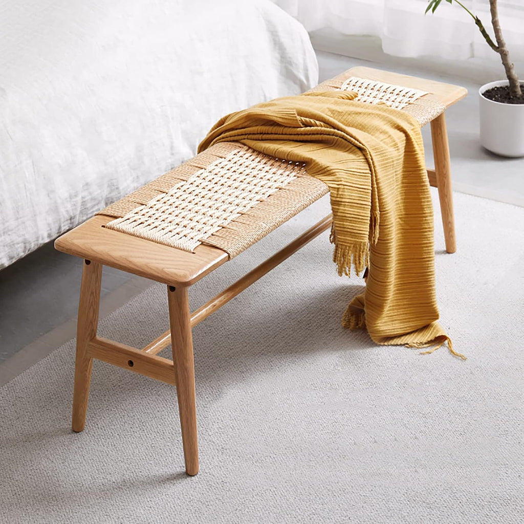 Rattan Wood Bench,100% Solid Oak Dining Bench with Woven Design, Sturdy Mortise Bench for Bench,Entryway,Dining,White/Beige Color (47.24inch Beige Color)