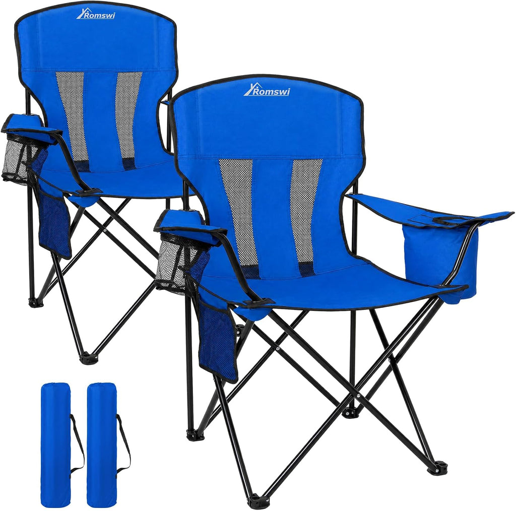 Romswi Portable Camping Chairs for Adult Support 400 LBS, Folding Outdoor Chairs with 4-Can Cooler Bag, Folding Chair with Mesh Back for Outdoor, Fishing, Garden, 2-Pack, Blue