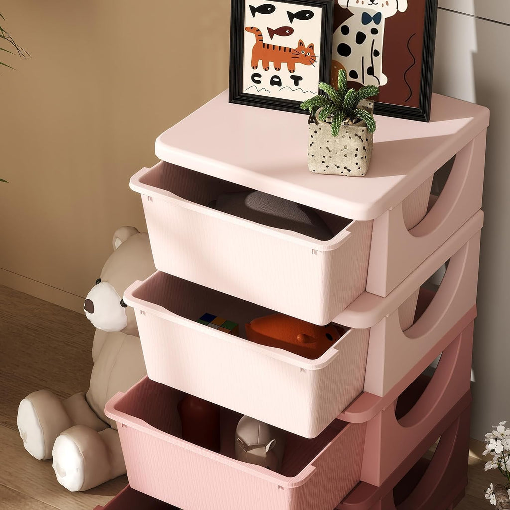 Qaba 4 Drawers Kids Storage Unit 4 Tier Toy Organizers Pink | Stackable Storage Chest, Bedroom, Nursery, Playroom, Living Room, Boys, Girls, Toddlers
