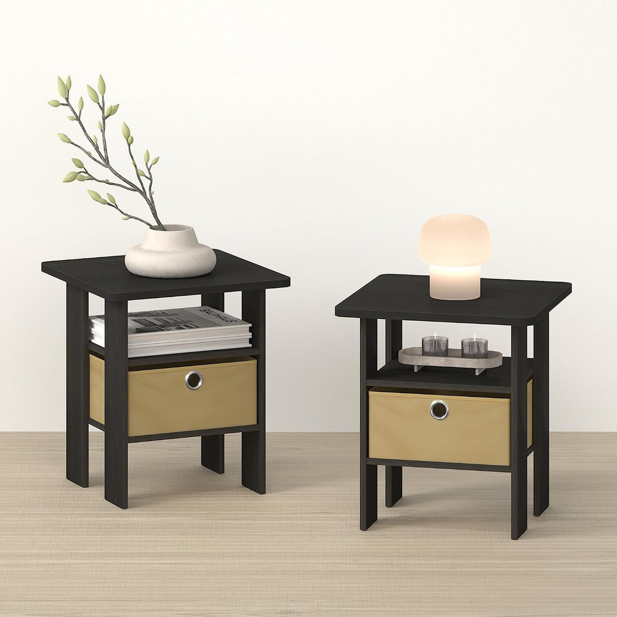 OTA Side Table, End Table, Night Stand with Bin Drawer, Ebony/Brown, Set of 2