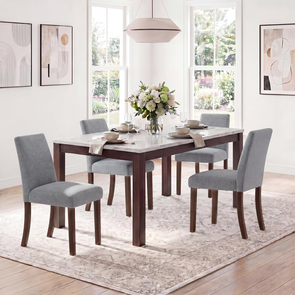 Upholstered Dining Chairs Set of 4, Mid-Century Dining Room Chairs with Wooden Legs, Farmhouse Fabric Parsons Chairs for Small Space Restaurant & Cafe- Gray