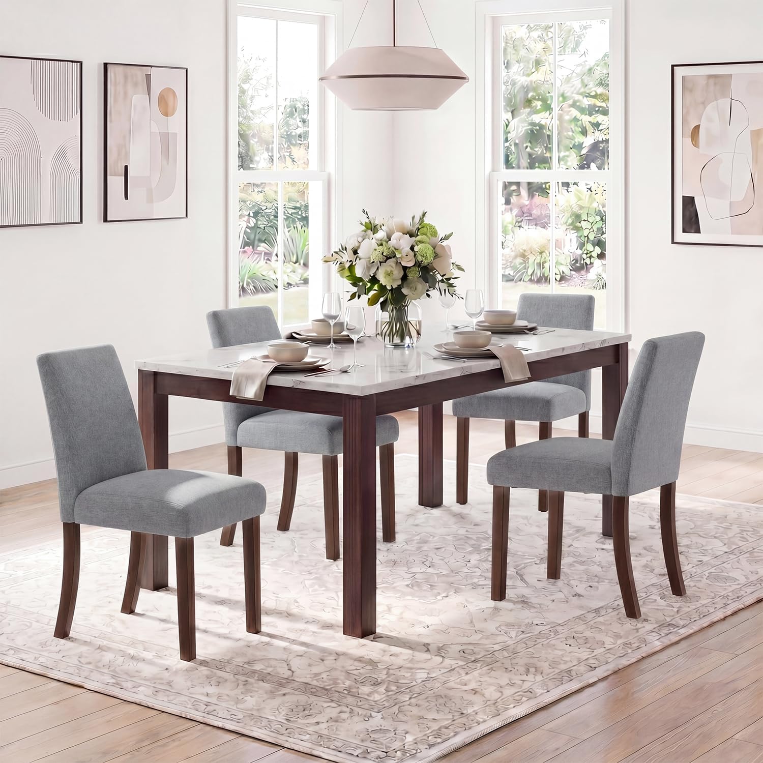 Upholstered Dining Chairs Set of 4, Mid-Century Dining Room Chairs with Wooden Legs, Farmhouse Fabric Parsons Chairs for Small Space Restaurant & Cafe- Gray