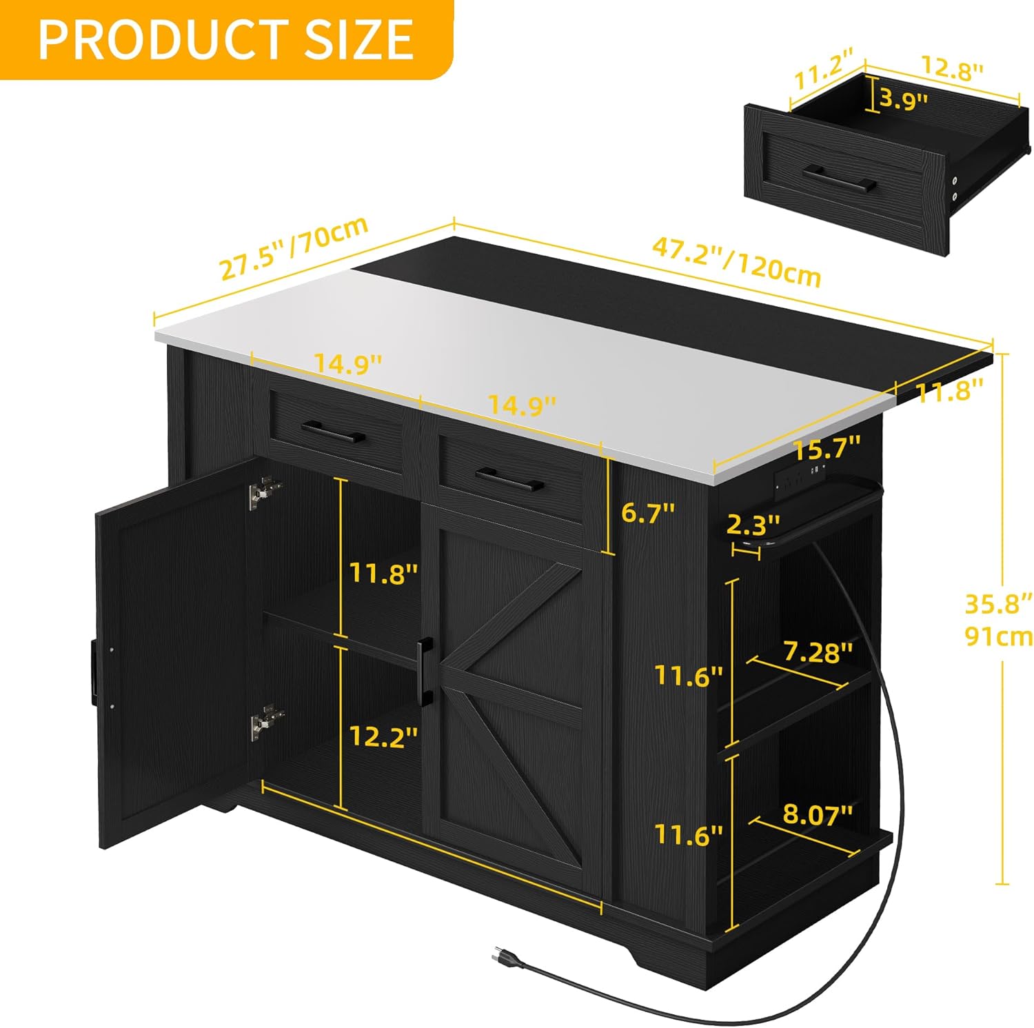 DWVO Kitchen Island w Stainless Steel Top Drop Leaf Bar Seating Power Outlet, 47" Portable Rolling Mobile Center Islands w Folding Dropleaf Storage Drawer Cabinet Wheel Counter Height Metal Top, Black