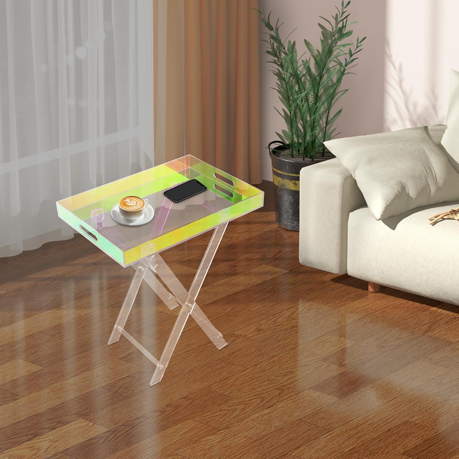 Acrylic Folding Tray Table,Iridescent End Table,Colorful Acrylic Side Table,Rainbow End Table,24x20x14 inch for Homes, Bars, Showrooms