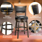 PrimeZone Swivel Bar Stools Set of 2, 24 Inch Counter Height Barstools | Black Faux Leather, High Backrest, Solid Rubberwood Frame, Wrap-around Footrest, Counter Stools for Kitchen Island, Pub