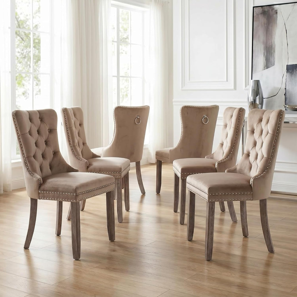 Espresso Brown Mid Century Modern Dining Chairs Set of 6, Velvet Upholstered Kitchen & Dining Room Chairs with Nailhead Trim & Solid Wood Legs, Elegant Sillas De Comedor (Coffee, 6 Pcs)