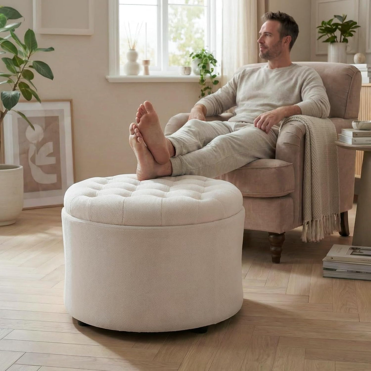 ONBRILL 24" Round Ottoman Coffee Table, Storage Ottoman with Lift-Off Lid | Large Size, Sturdy Steel Frame, 15.4" Height Foot Stool（Better for Low-Profile Sofa), Extra Seat, Entryway Shoe Bench