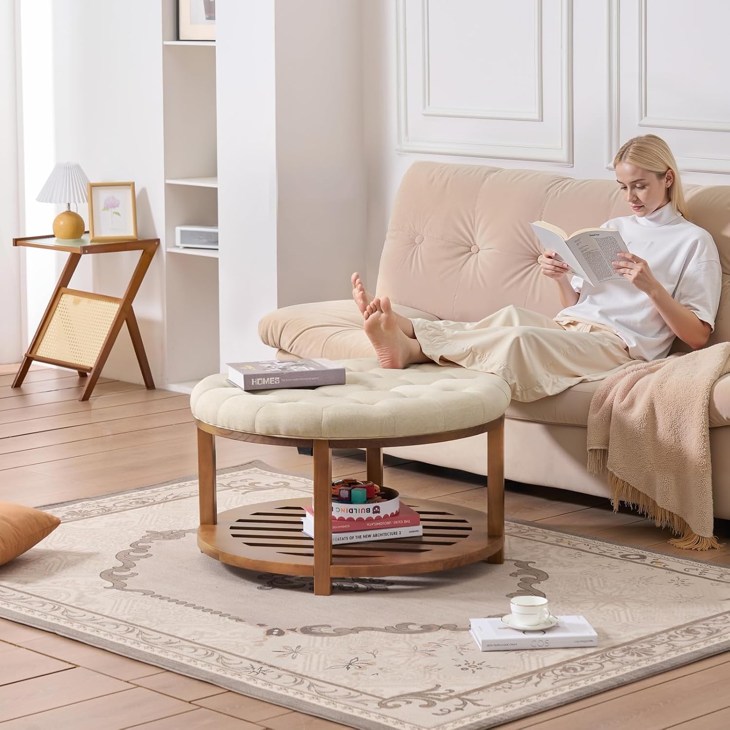 VEVOR Large Round Ottoman Coffee Table, 31.9 Inch Tufted Coffee Table with Solid Wood Shelf Storage, Linen Solid Upholstered Footrest Ottoman for Bedroom Living Room, 350 LBS, Linen Color