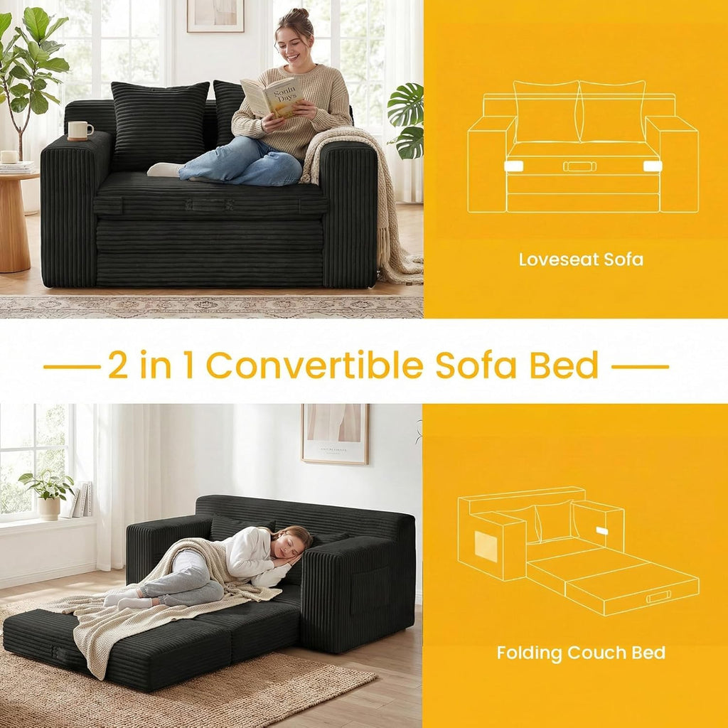 Couch, Loveseat Sleeper Sofa Bed – 3-in-1 Convertible Couch Bed with Side Pockets & Handle,Pull Out Corduroy Futon for Small Space,Living Room & Bedroom,2 Pillows Included,No Assembly
