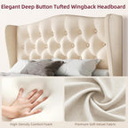 HOMBCK King Bed Frame with 49" Headboard, Velvet Upholstere King Size Bed Frame with Button Tufted Wingback Design, Traditional Retro Style, Low Profile, Strong Structure, No Box Spring Needed, Beige