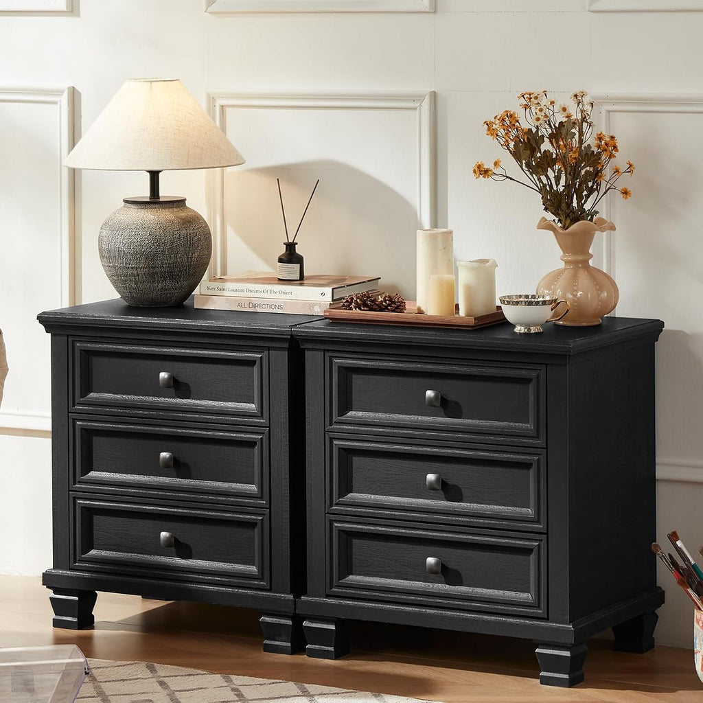 SAVOR LIFE 3-Drawer Nightstand Set of 2 with Solid Wood Legs, Black | Pair of three-drawer bedside tables with sturdy square wood legs for matching bedroom storage or living-room end tables