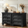 SAVOR LIFE 3-Drawer Nightstand Set of 2 with Solid Wood Legs, Black | Pair of three-drawer bedside tables with sturdy square wood legs for matching bedroom storage or living-room end tables