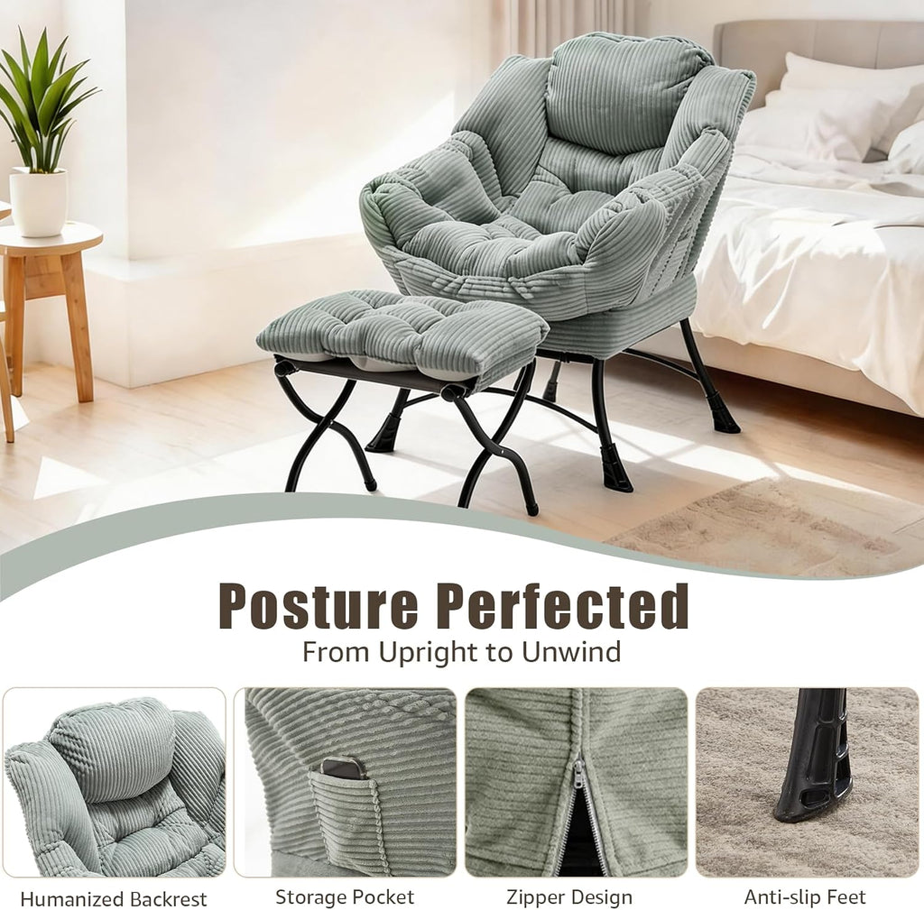 Oversized Lazy Chair with Ottoman for Adults, Chair and Ottoman Set Modern Skinny Lounge Chair with Footrest, Wide Reading Chair for Living Room/Bedroom, Comfy Accent Armchair for Small Spaces, Green