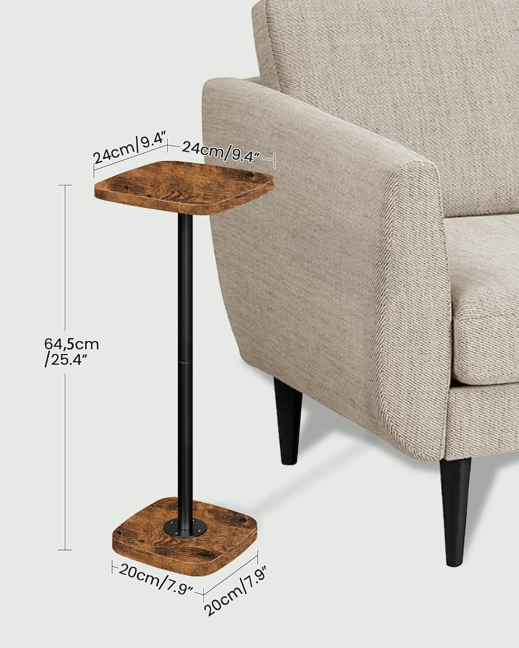 CHOEZON Small Drink Table, Square Side Table for Small Spaces, Martini Table with Pedestal, for Living Room, Bedroom, Rustic Brown and Black TBZ24BF