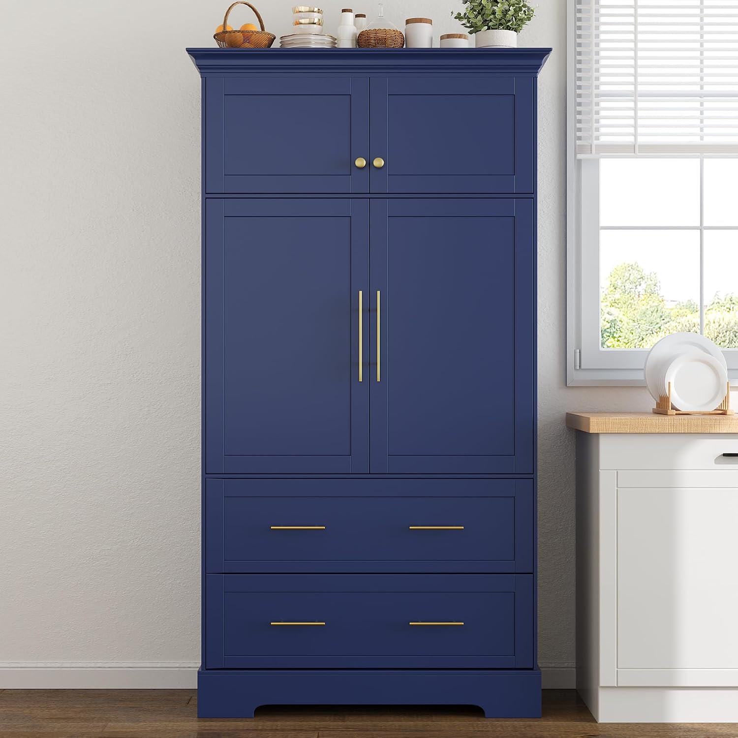roomfitters 73 Inch Large Kitchen Pantry with 4 Doors, Pull-Out Trays and Cake Pan Organizer, Blue