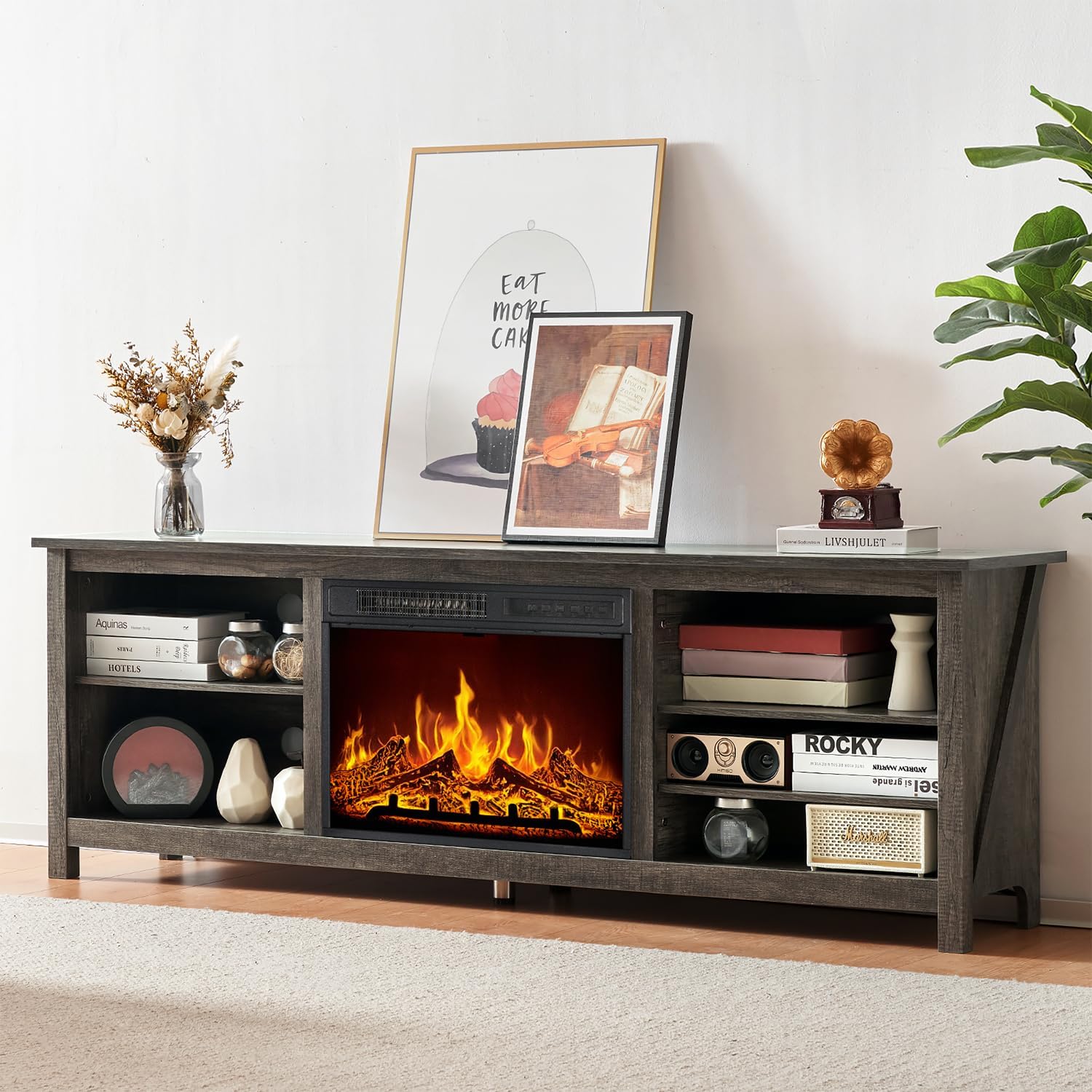 AMERLIFE 70" Fireplace TV Stand with 23" Electric Fireplace for 80" TVs | Rustic Grey, Wood Texture Finish, Farmhouse Style, Entertainment Stand, Media TV Console, Storage Cabinet, Living Room